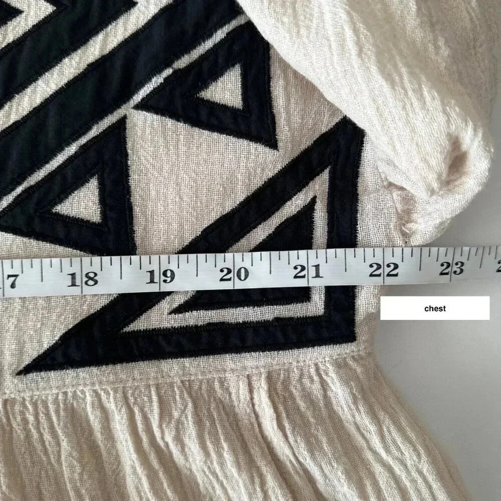 See And Be Seen Top Womens Small Cream Black Gauzy Geometric Peasant Boho Blouse - Picture 14 of 16